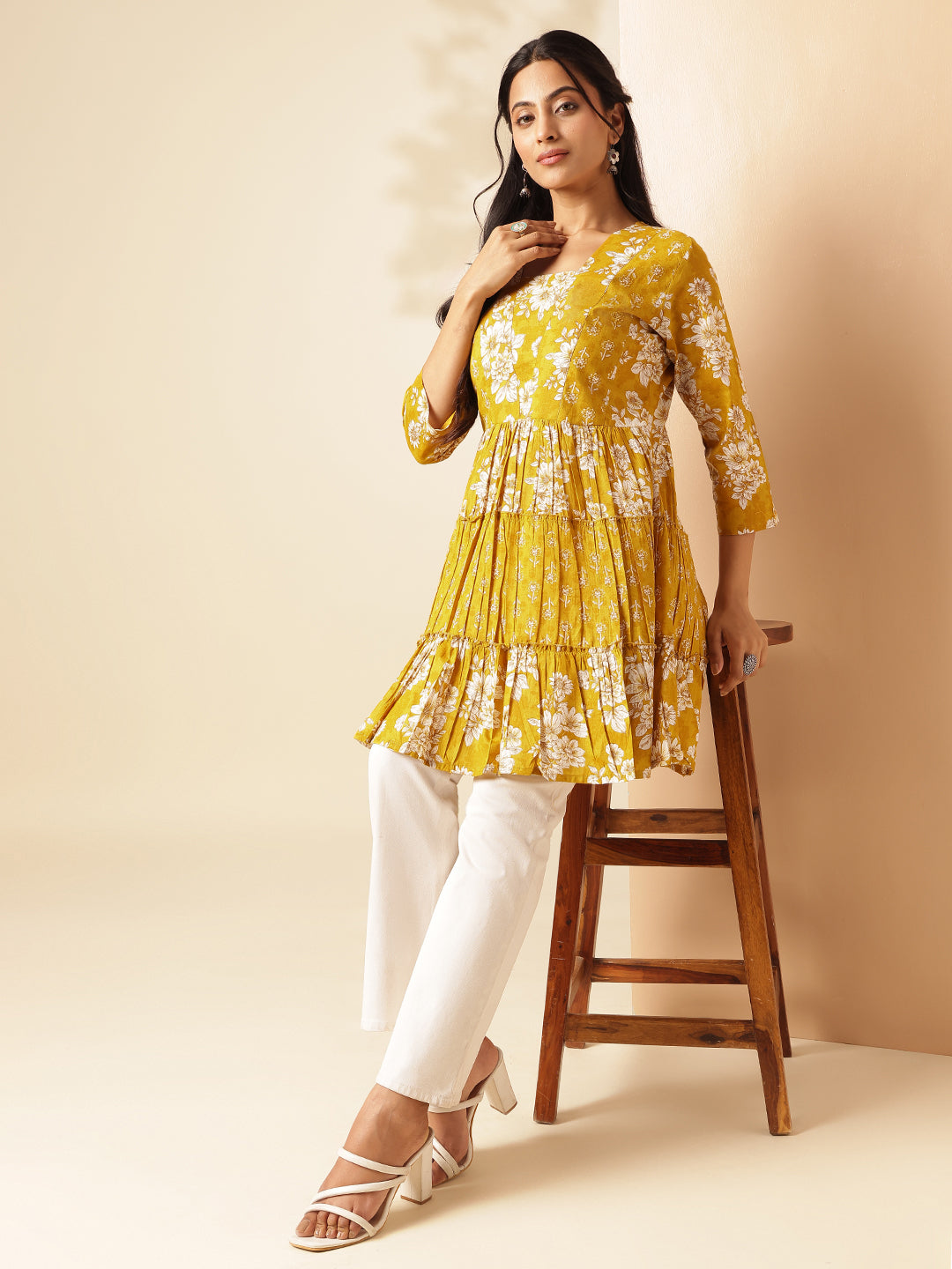Yellow Floral Print Anarkali Cotton Tunic Top