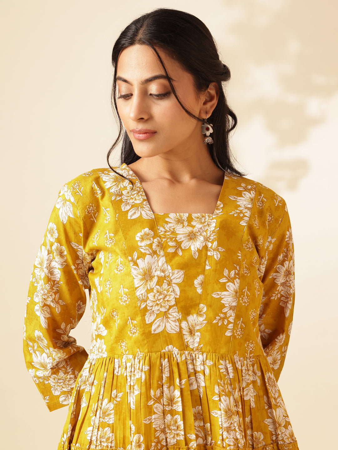 Yellow Floral Print Anarkali Cotton Tunic Top
