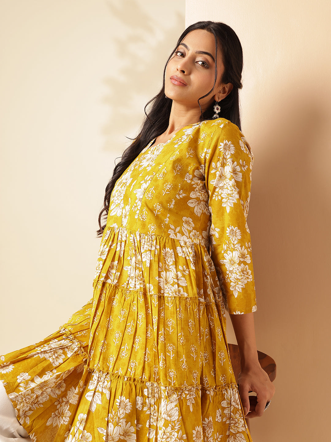 Yellow Floral Print Anarkali Cotton Tunic Top