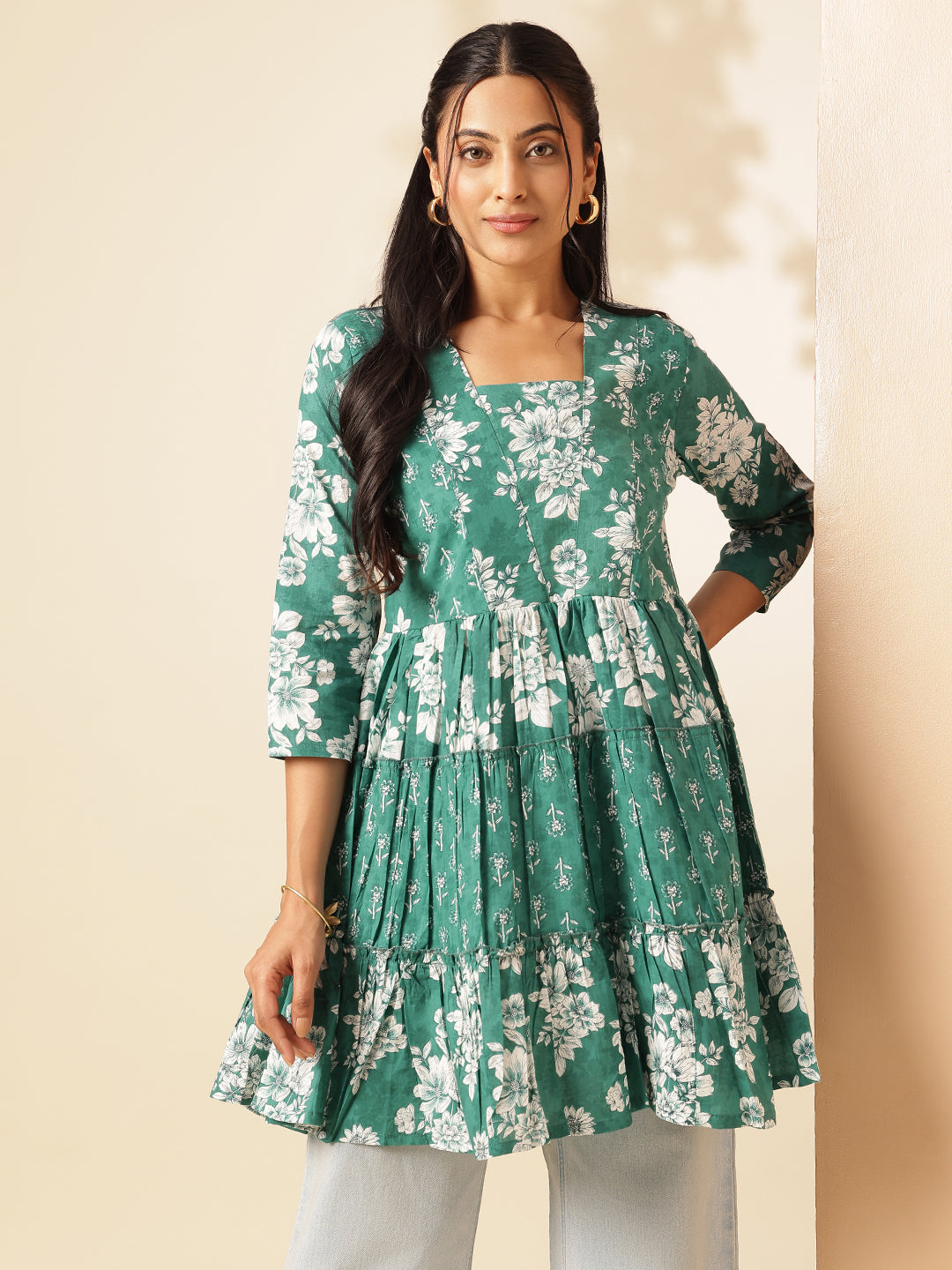 Aqua Floral Print Anarkali Cotton Tunic Top