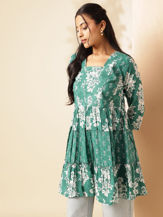 Aqua Floral Print Anarkali Cotton Tunic Top