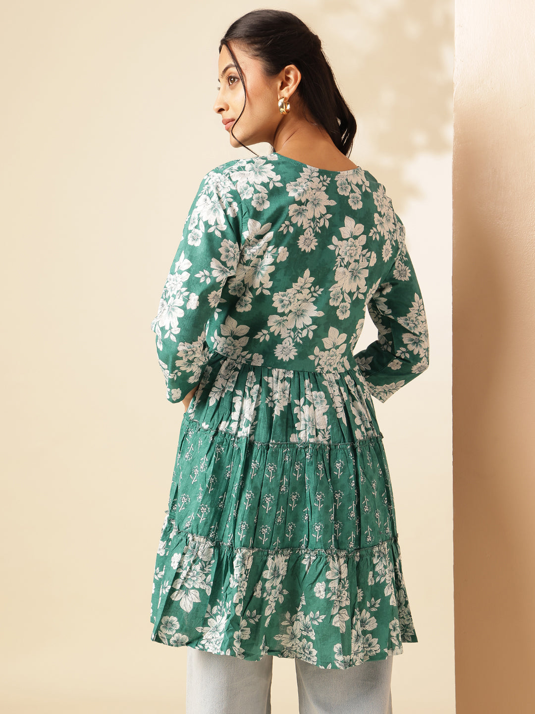 Aqua Floral Print Anarkali Cotton Tunic Top