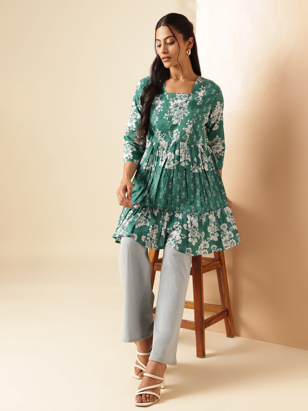 Aqua Floral Print Anarkali Cotton Tunic Top