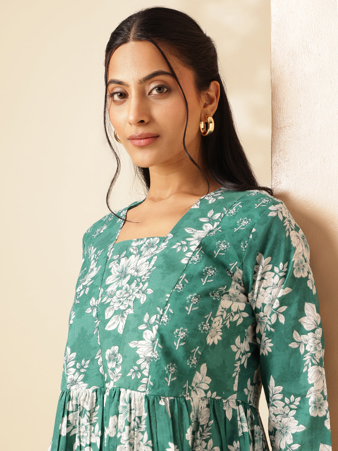 Aqua Floral Print Anarkali Cotton Tunic Top