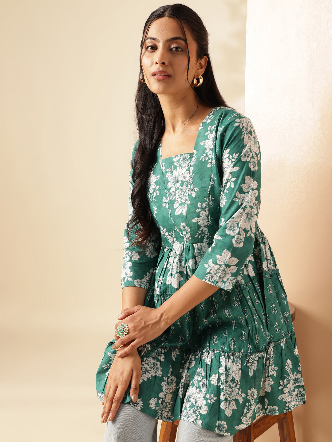 Aqua Floral Print Anarkali Cotton Tunic Top