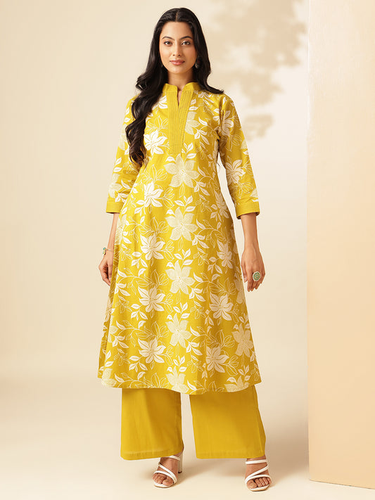 Yellow Cotton Floral Print A-Line Kurta Set