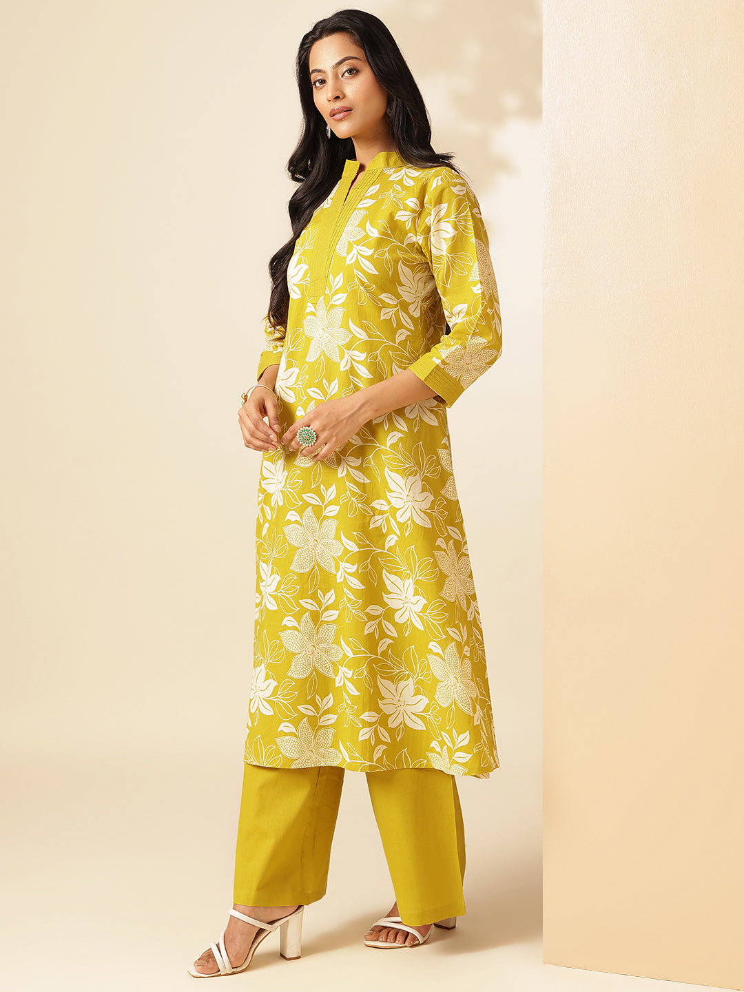 Yellow Cotton Floral Print A-Line Kurta Set