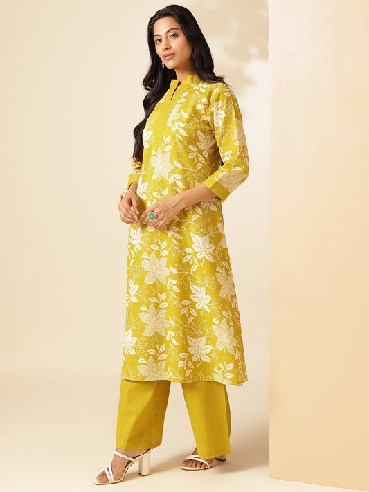 Yellow Cotton Floral Print A-Line Kurta Set