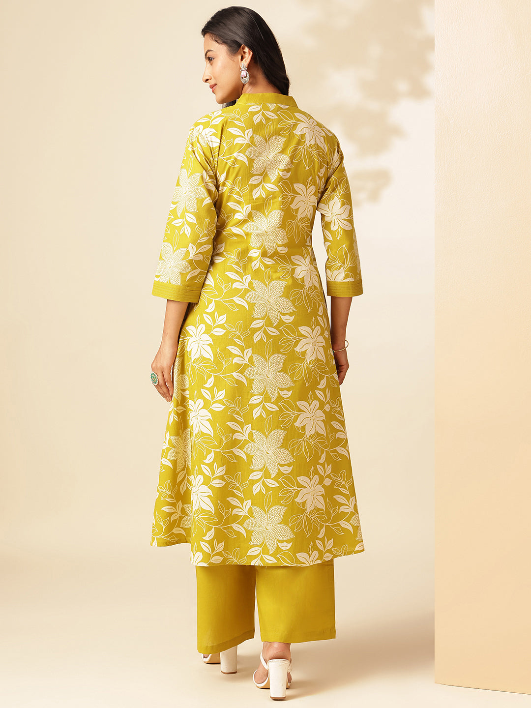 Yellow Cotton Floral Print A-Line Kurta Set