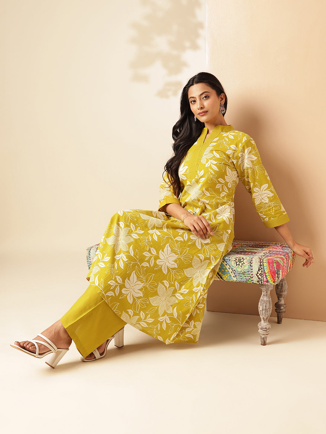 Yellow Cotton Floral Print A-Line Kurta Set