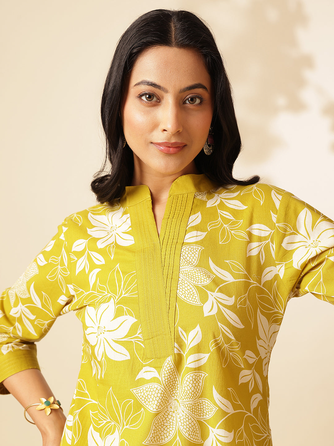 Yellow Cotton Floral Print A-Line Kurta Set
