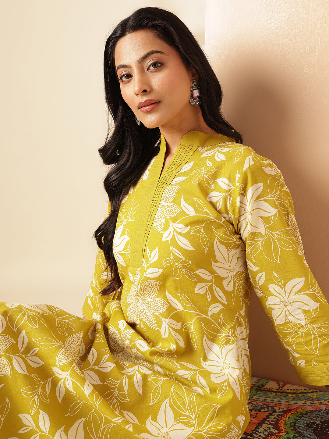 Yellow Cotton Floral Print A-Line Kurta Set