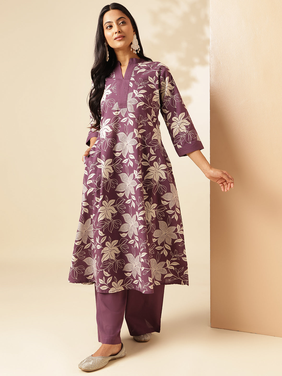 Dark Purple Cotton Floral Print A-Line Kurta Set