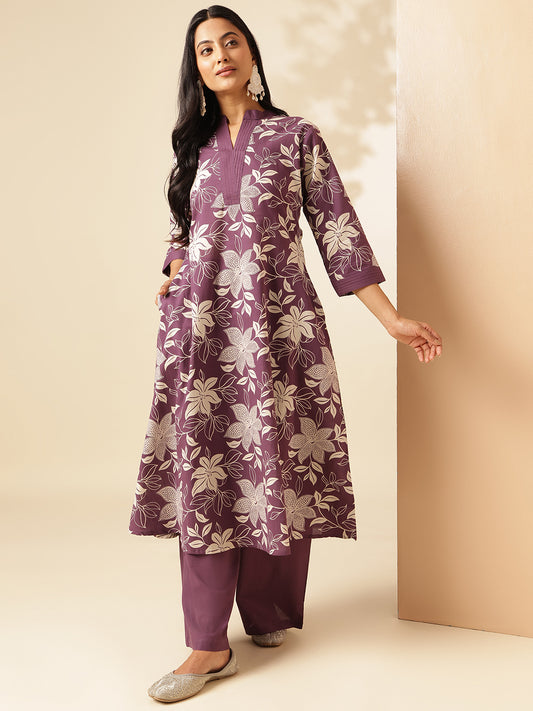 Dark Purple Cotton Floral Print A-Line Kurta Set