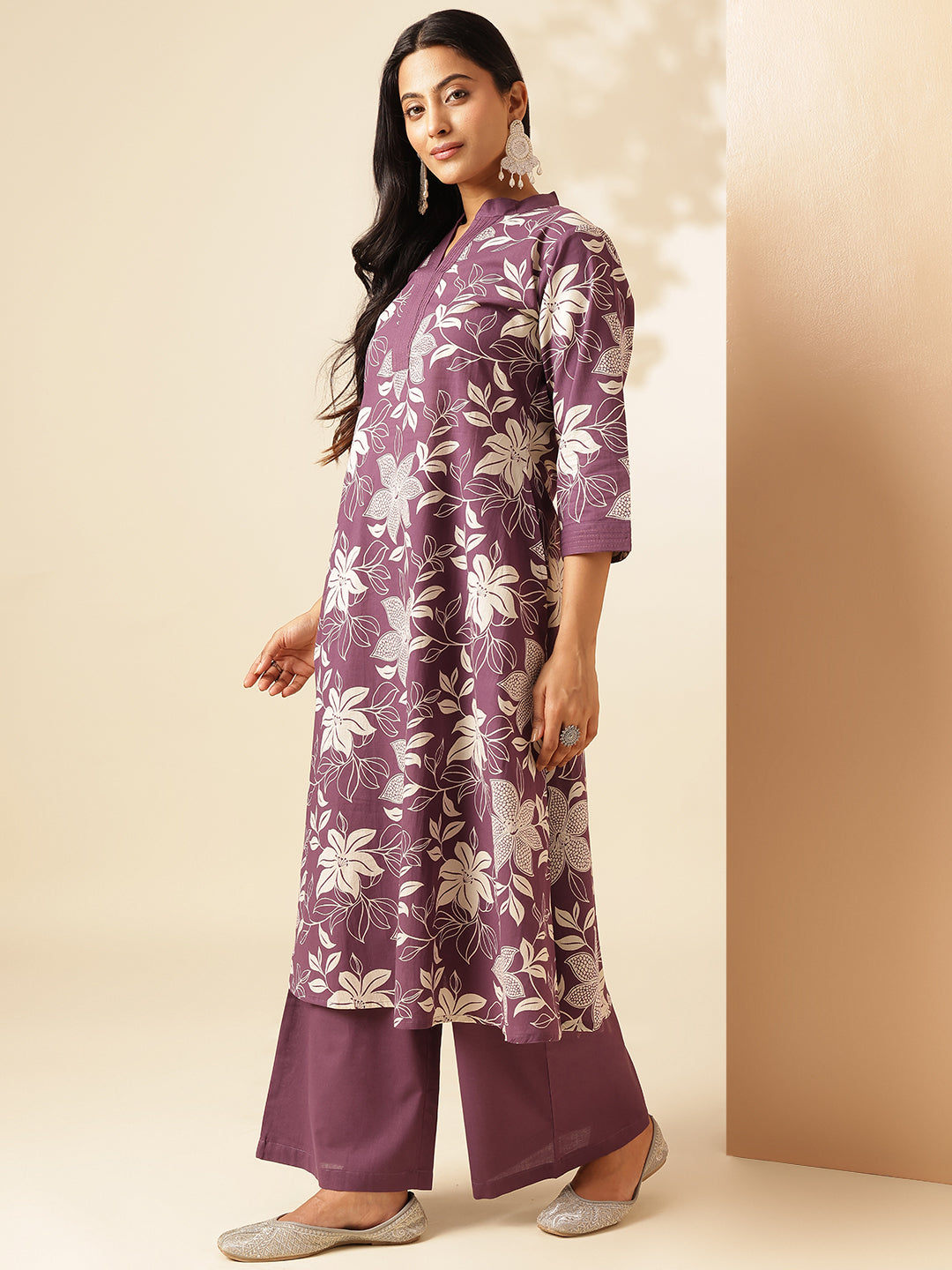 Dark Purple Cotton Floral Print A-Line Kurta Set