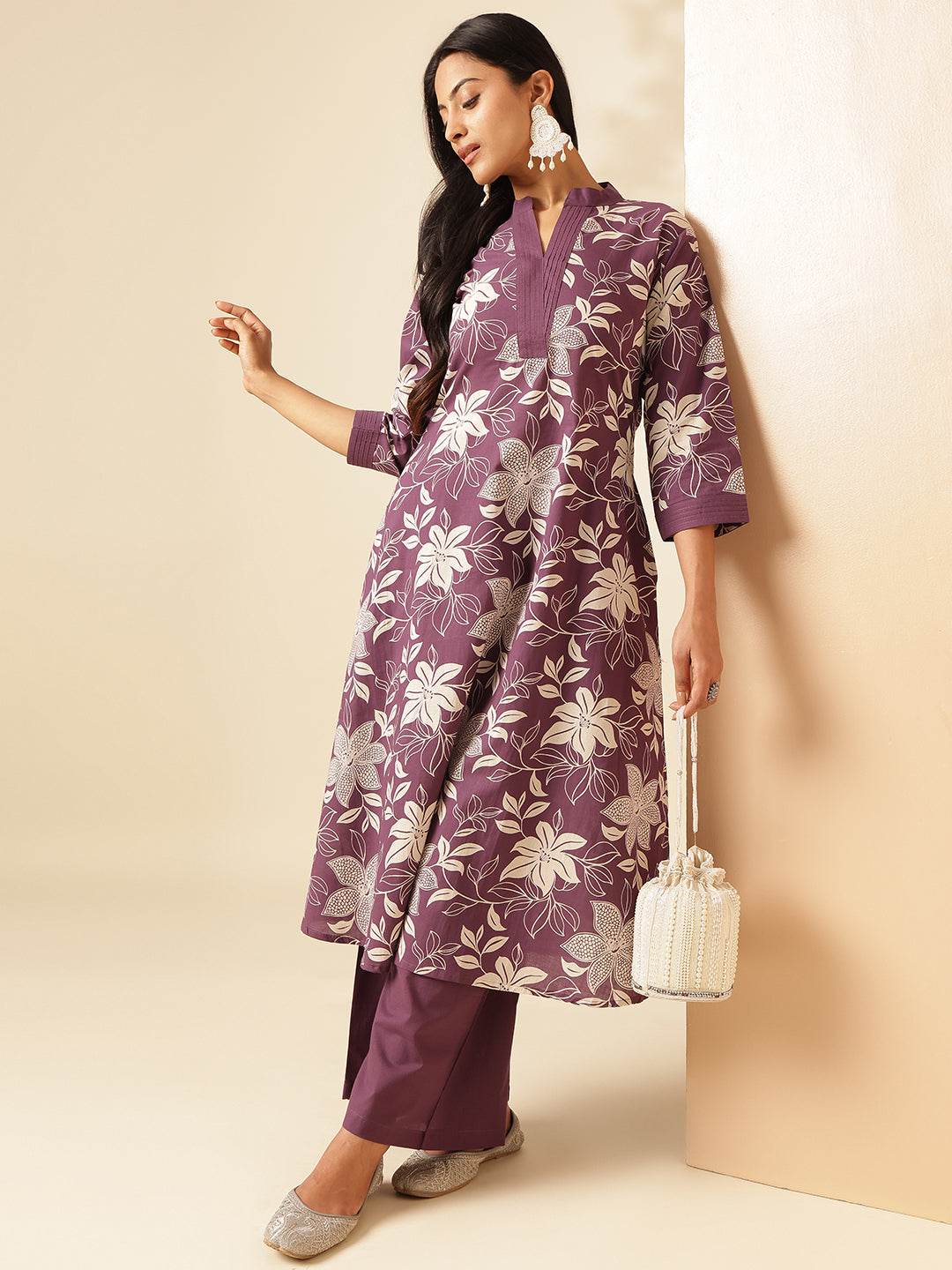 Dark Purple Cotton Floral Print A-Line Kurta Set