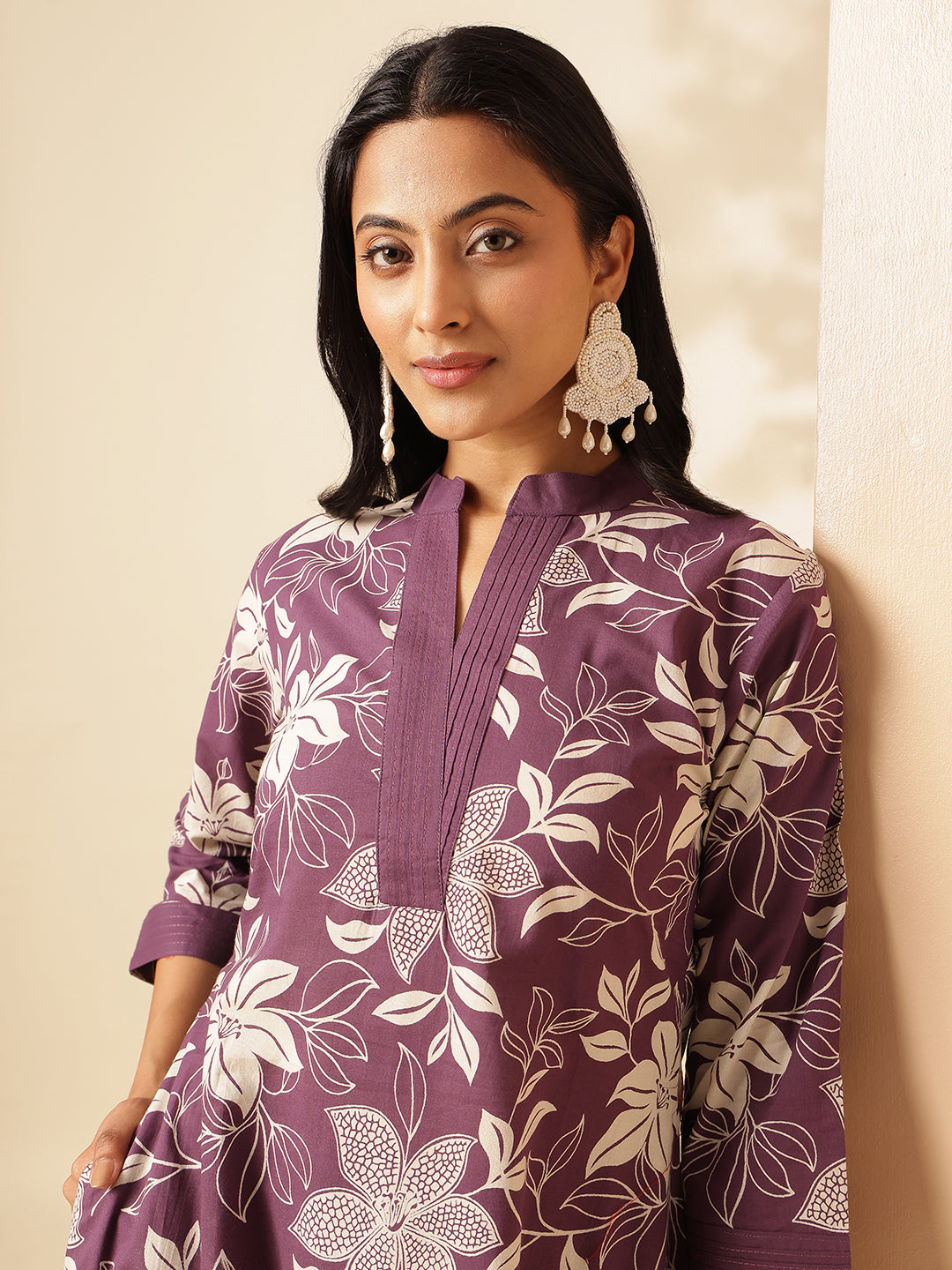 Dark Purple Cotton Floral Print A-Line Kurta Set