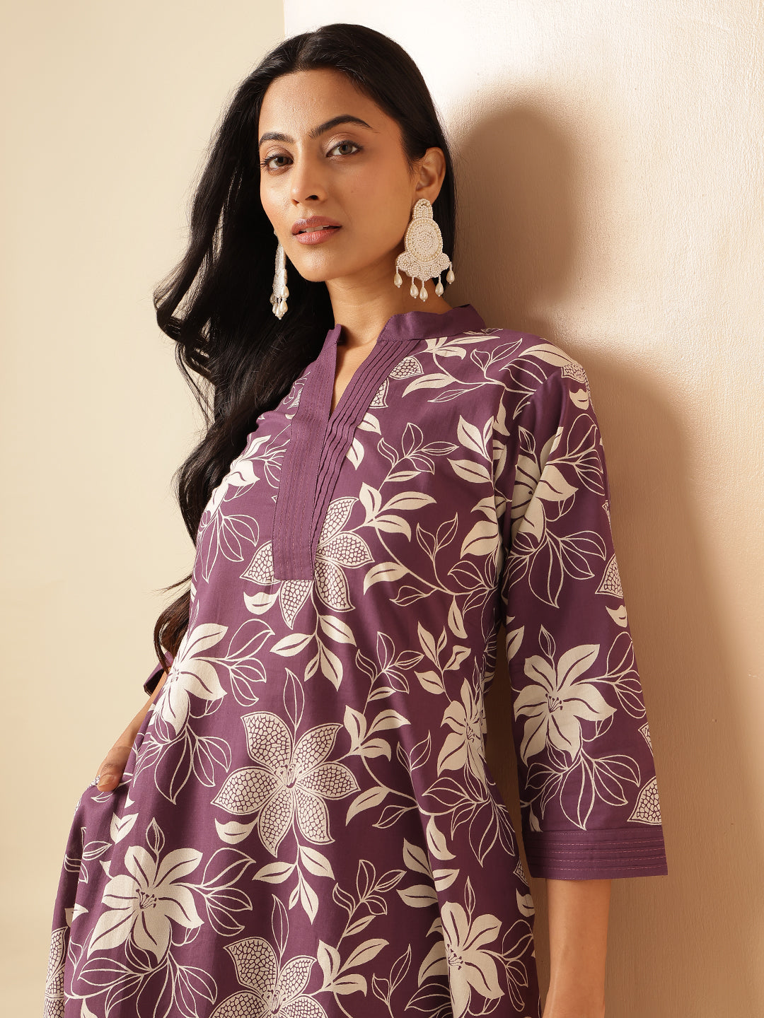 Dark Purple Cotton Floral Print A-Line Kurta Set