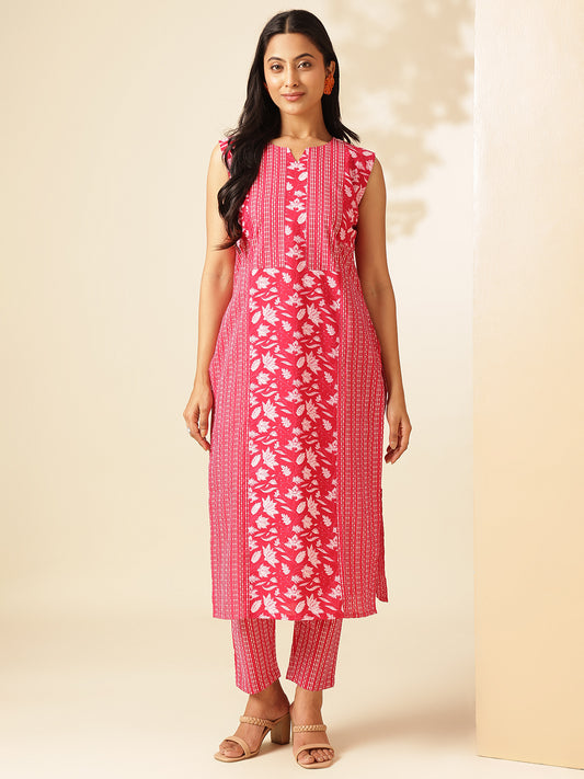 Pink Cotton Floral Print Straight Kurta Set