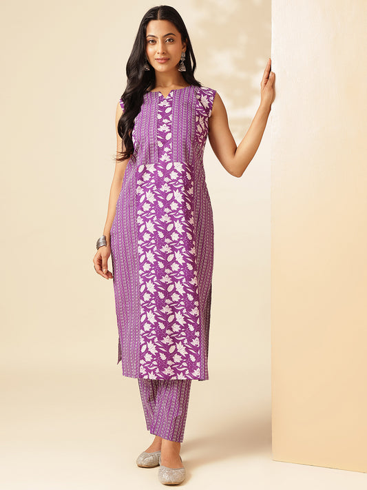Purple Cotton Floral Print Straight Kurta Set
