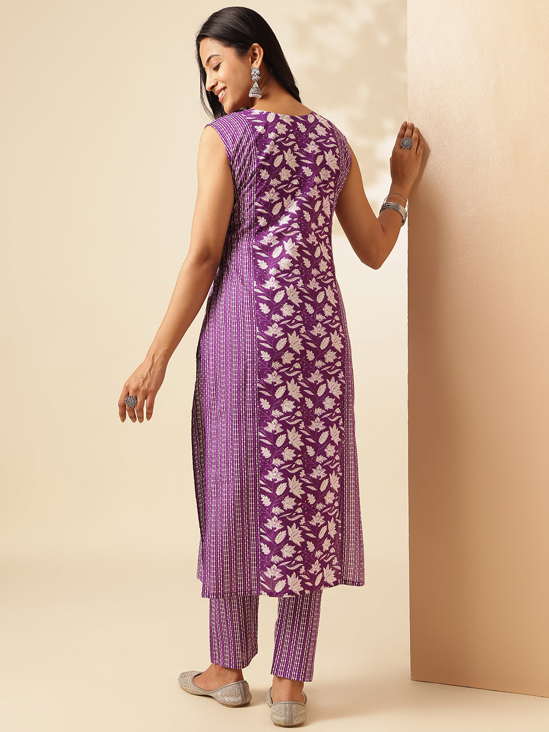 Purple Cotton Floral Print Straight Kurta Set