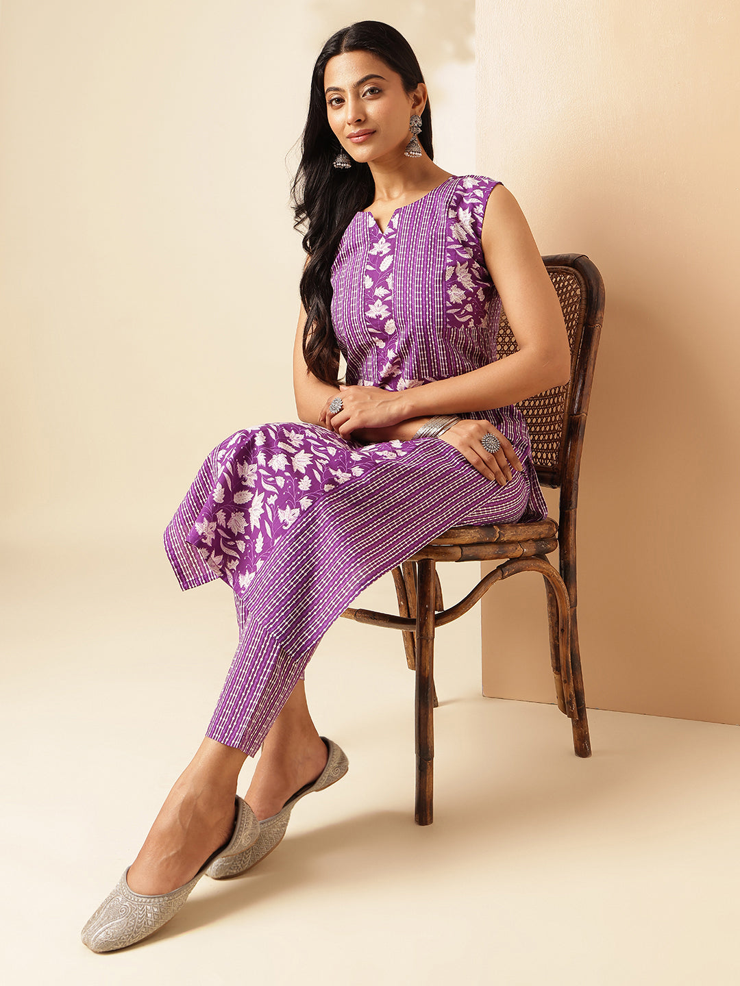 Purple Cotton Floral Print Straight Kurta Set