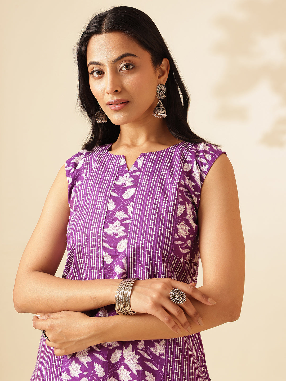 Purple Cotton Floral Print Straight Kurta Set
