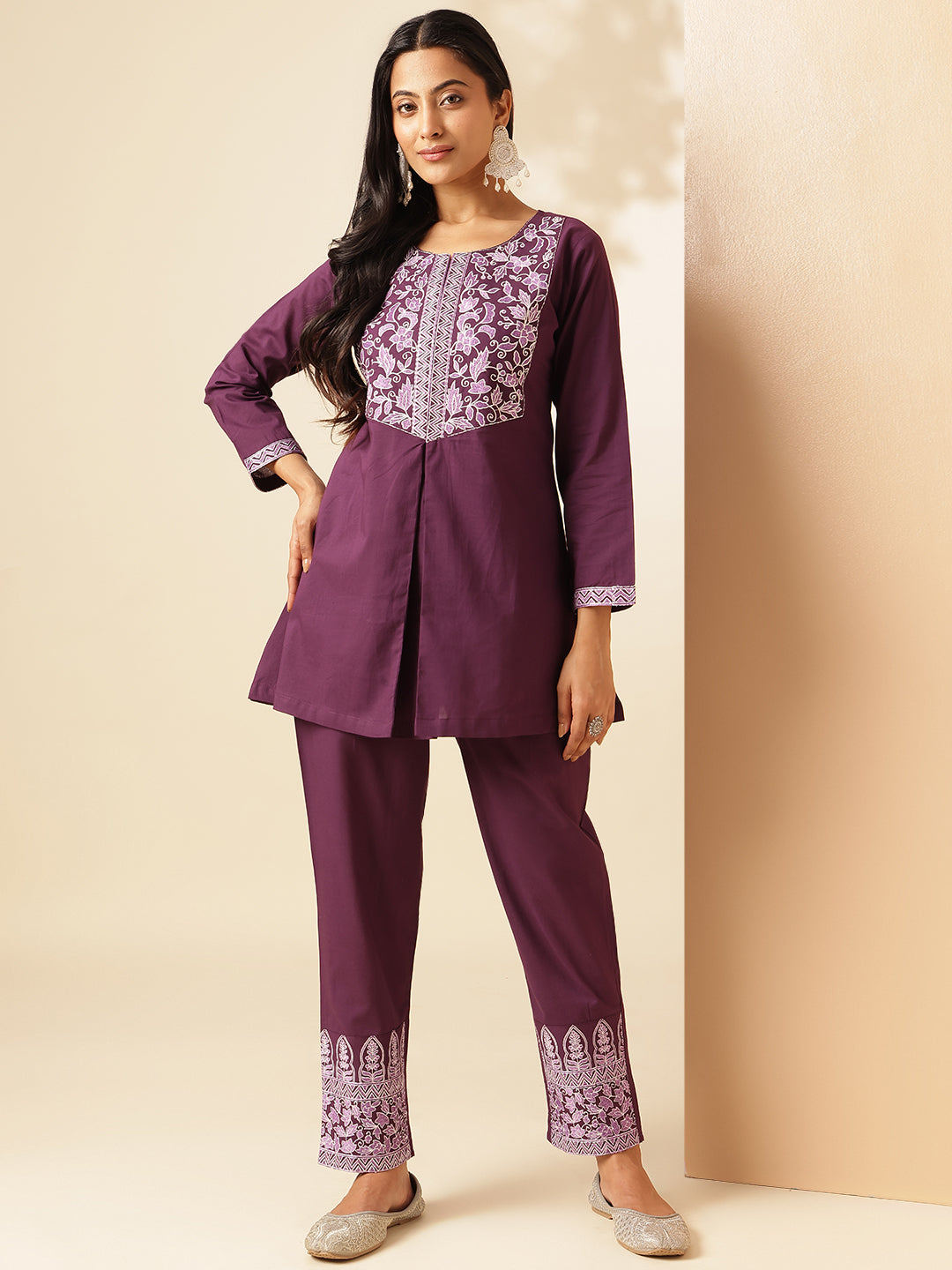 Dark Purple Cotton Solid A-Line Co-Ord Set