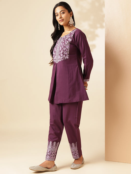 Dark Purple Cotton Solid A-Line Co-Ord Set
