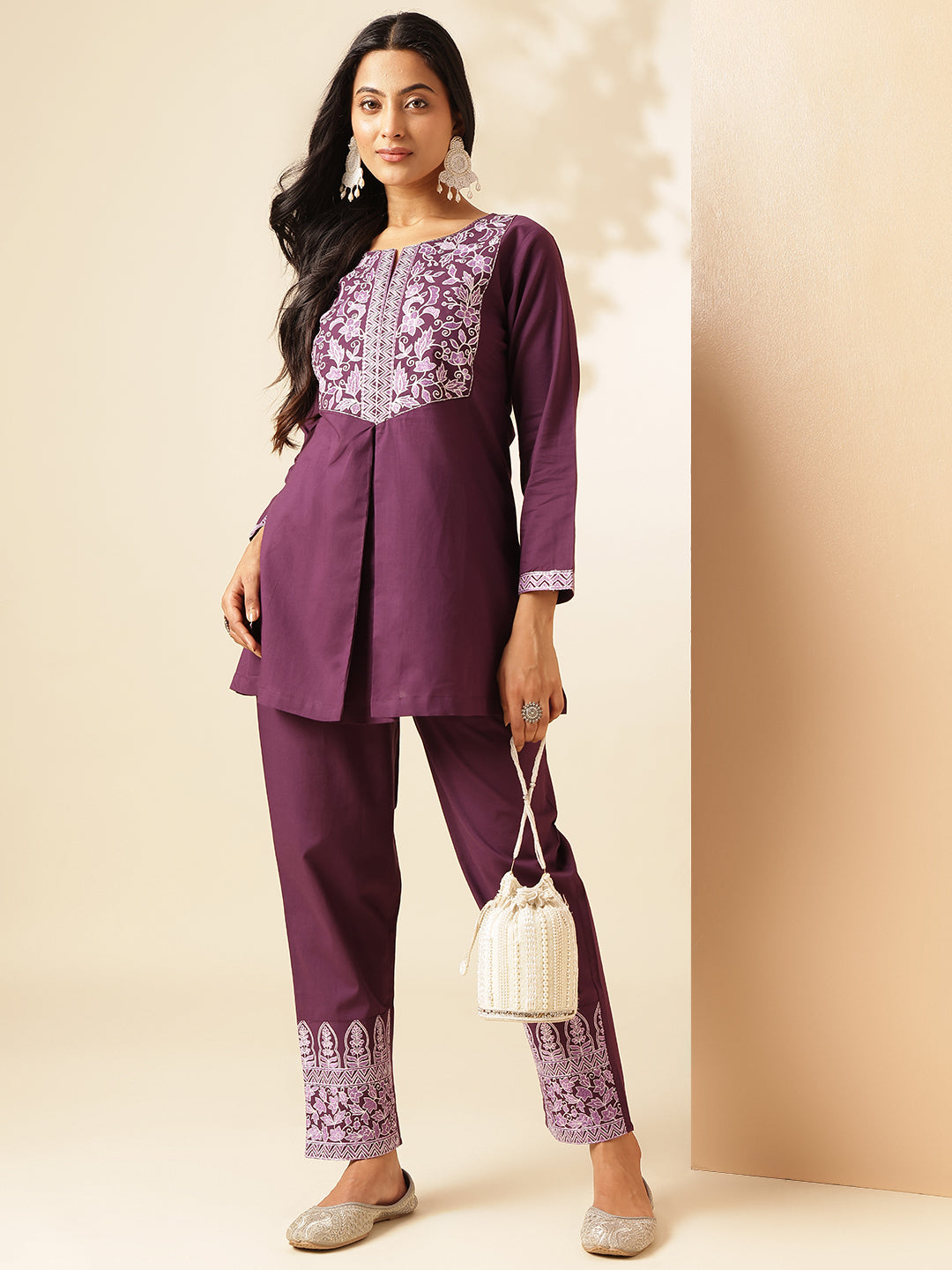 Dark Purple Cotton Solid A-Line Co-Ord Set