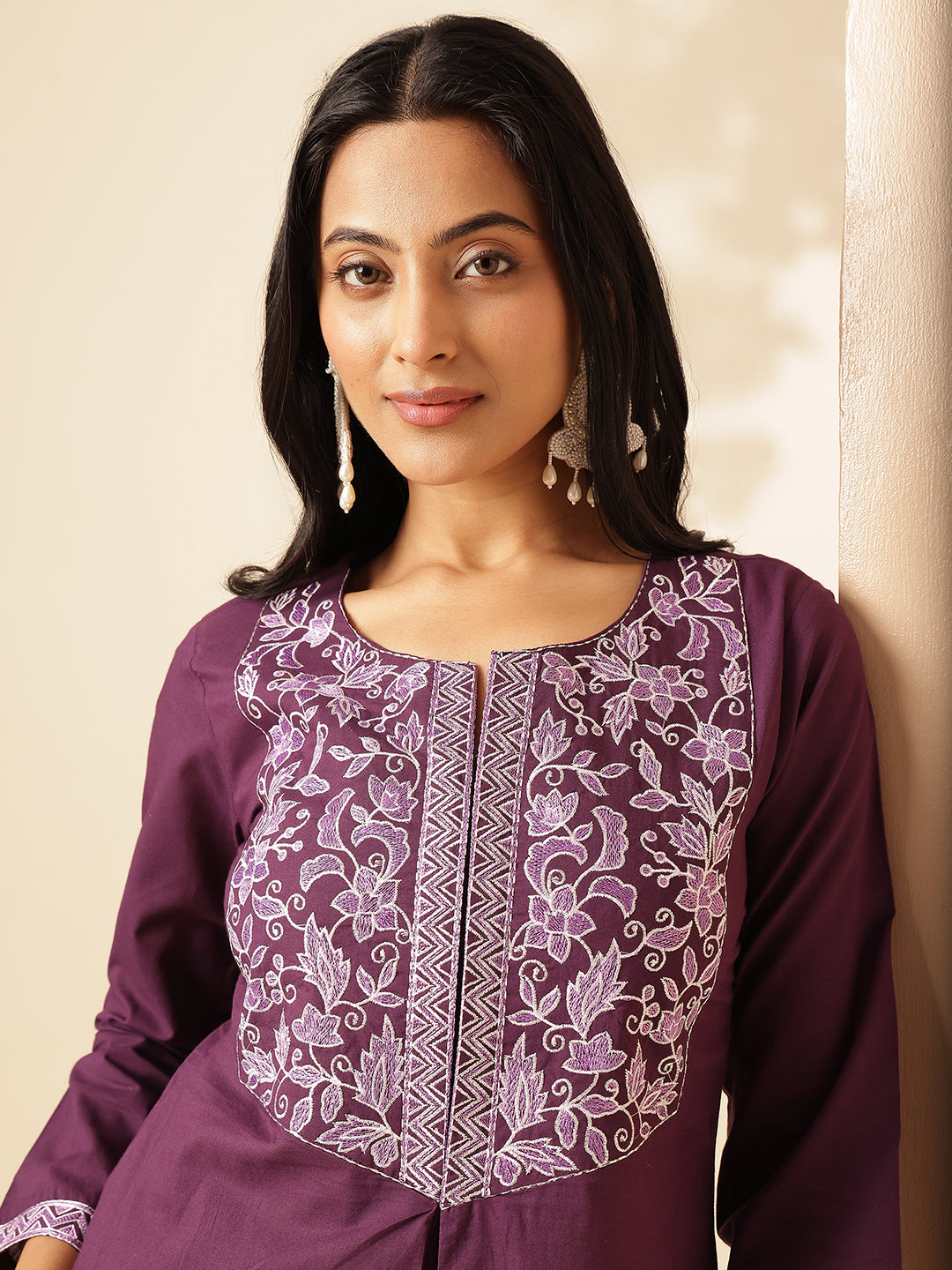 Dark Purple Cotton Solid A-Line Co-Ord Set