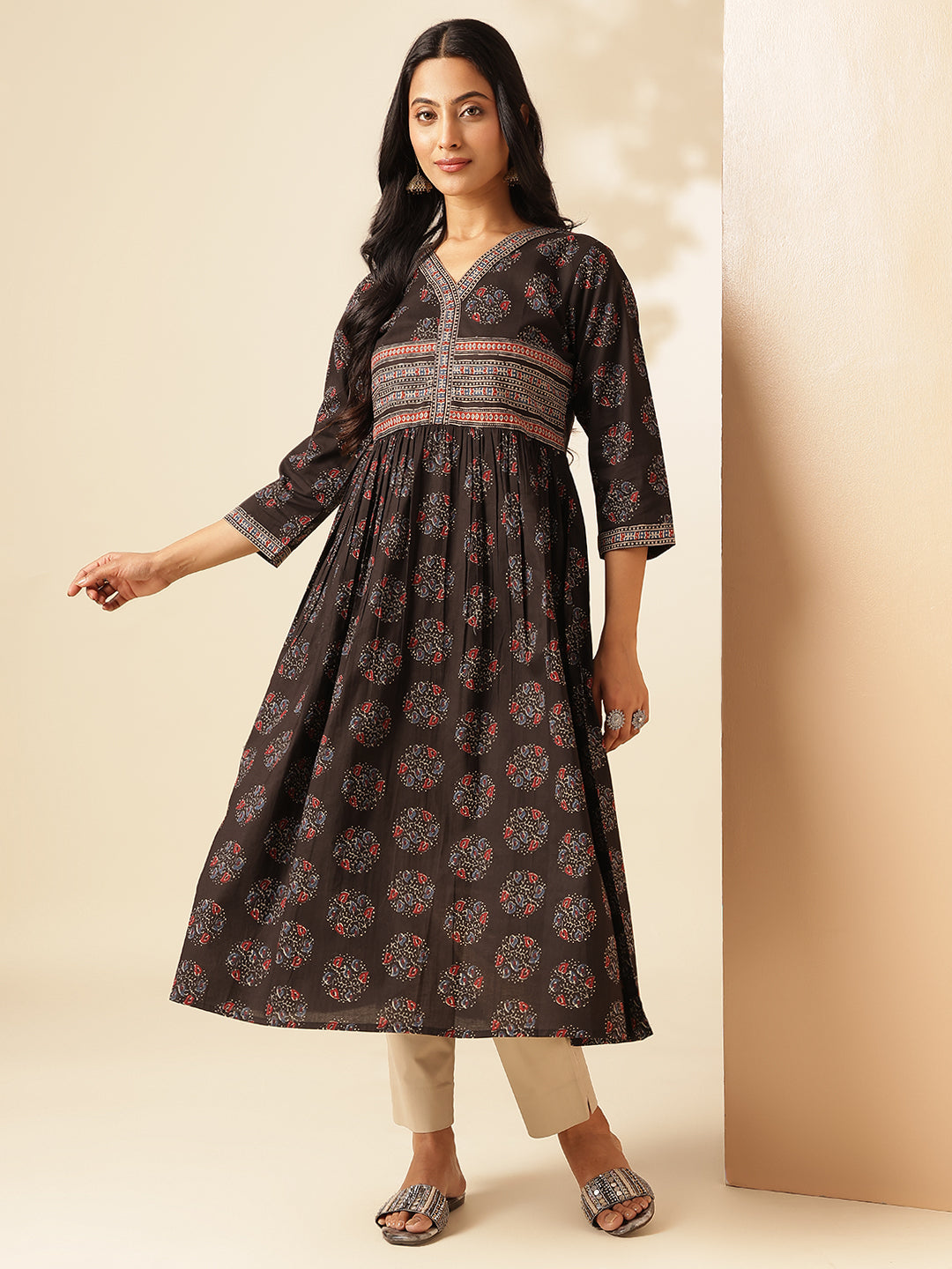 Black Geometric Printed Anarkali Cotton Kurta