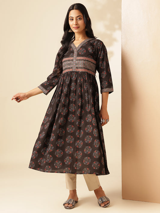 Black Geometric Printed Anarkali Cotton Kurta