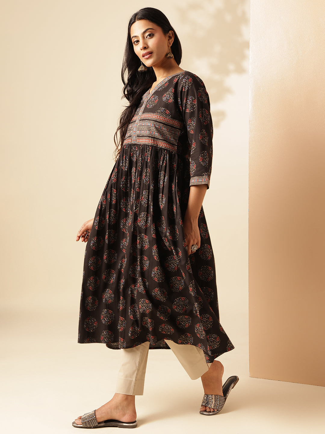 Black Geometric Printed Anarkali Cotton Kurta