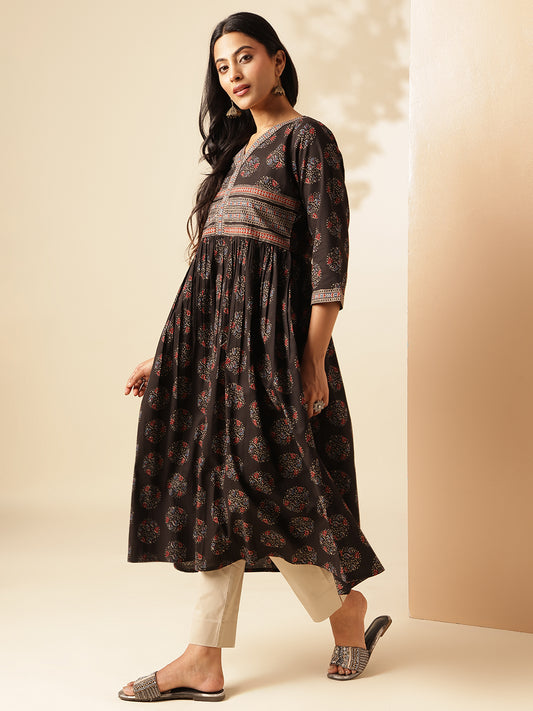 Black Geometric Printed Anarkali Cotton Kurta