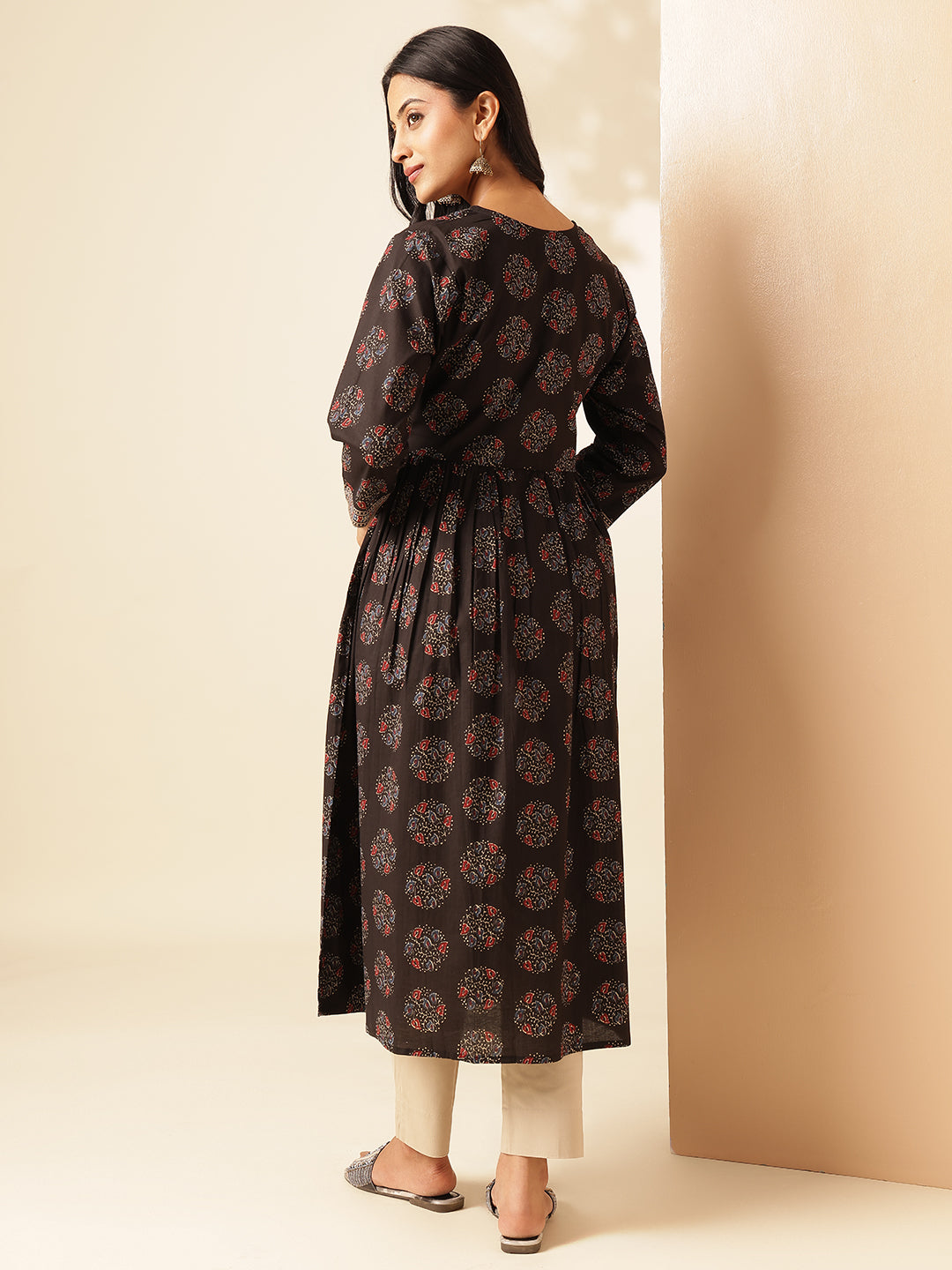 Black Geometric Printed Anarkali Cotton Kurta