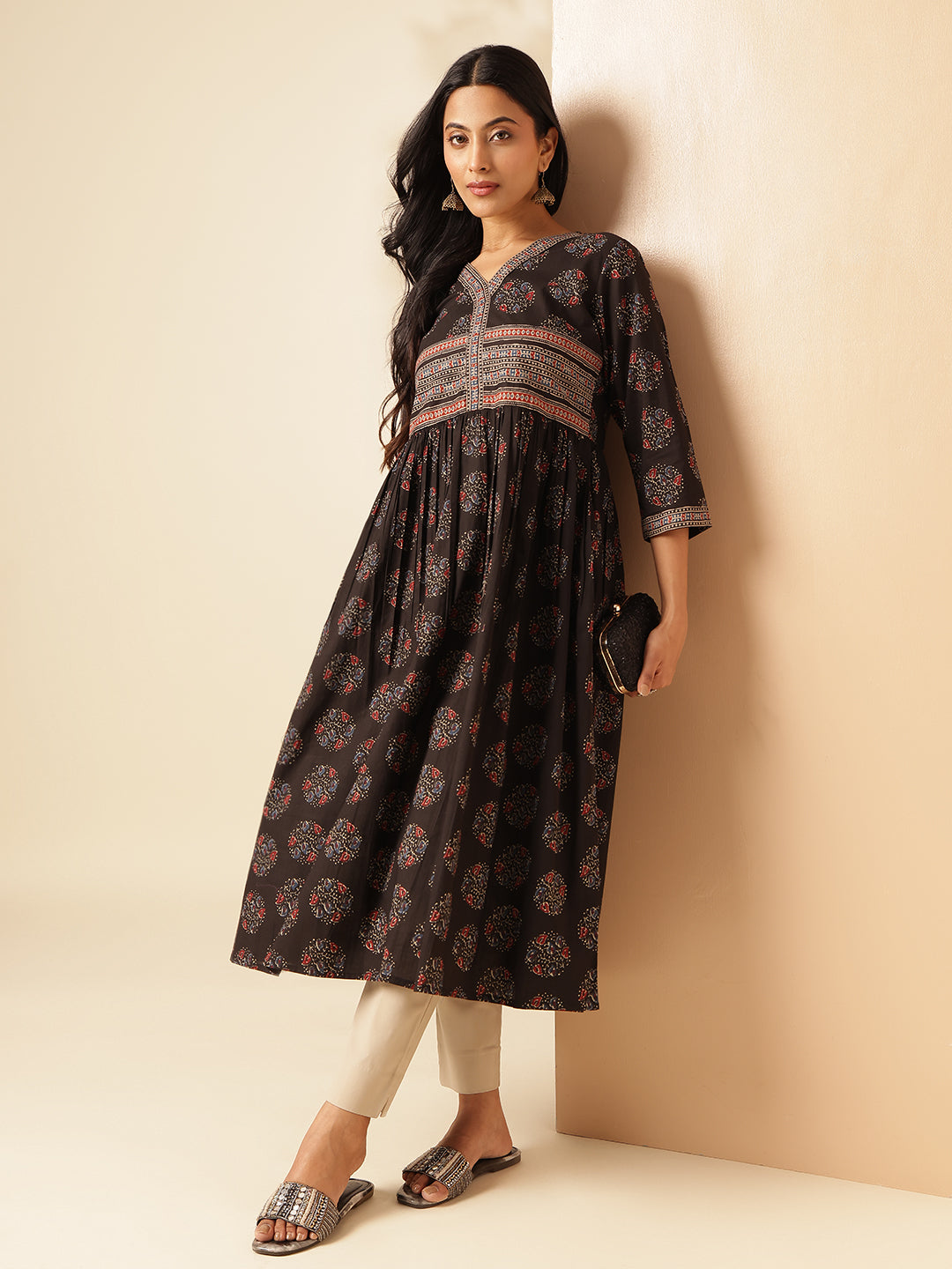 Black Geometric Printed Anarkali Cotton Kurta