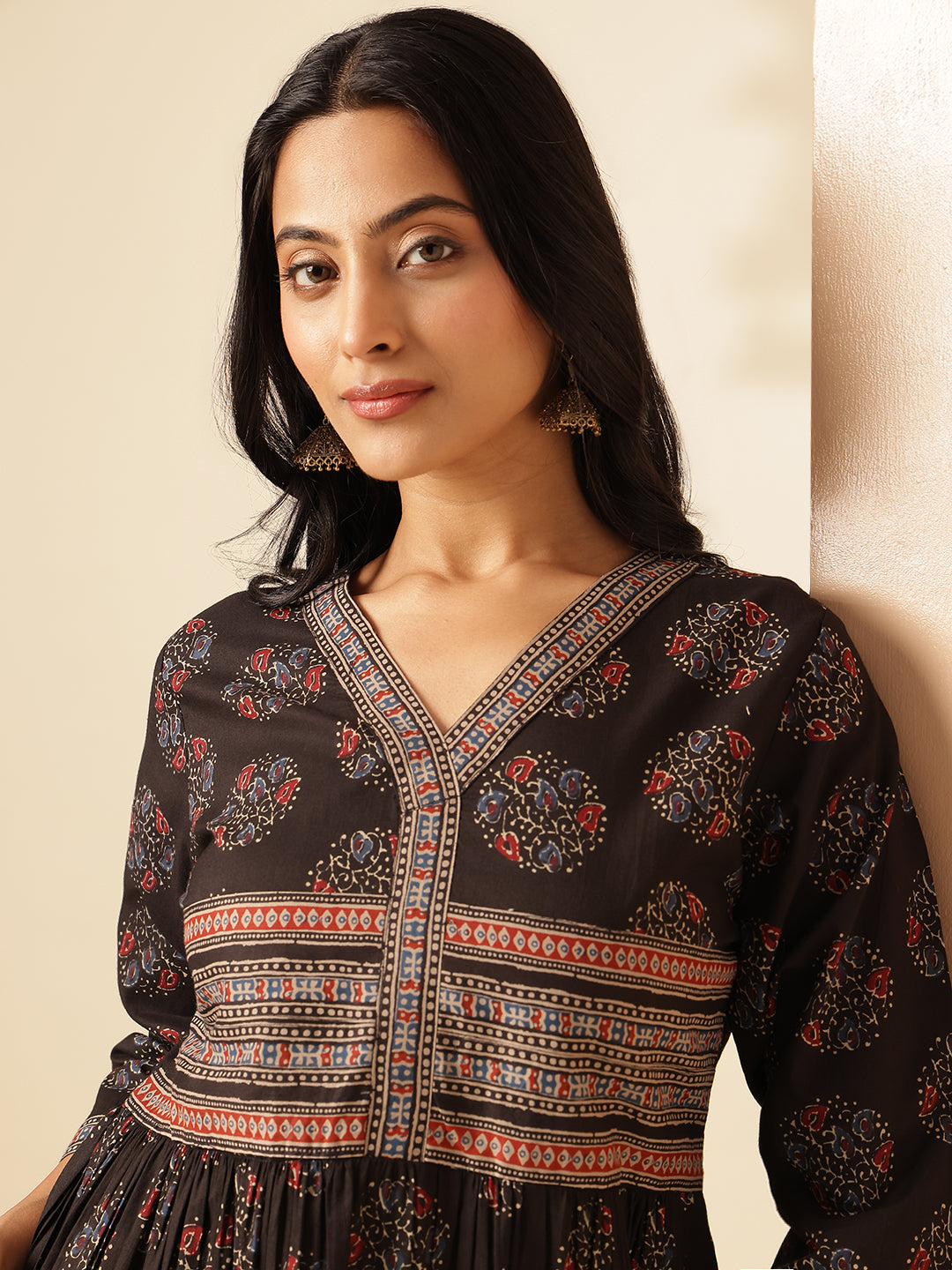 Black Geometric Printed Anarkali Cotton Kurta
