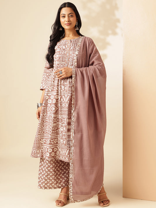 Beige Cotton Geometric Print A-Line Kurta Set