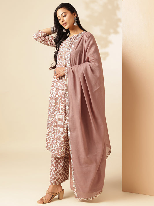 Beige Cotton Geometric Print A-Line Kurta Set