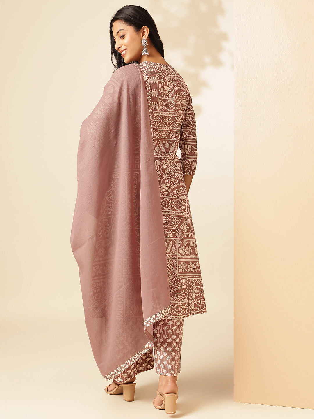 Beige Cotton Geometric Print A-Line Kurta Set