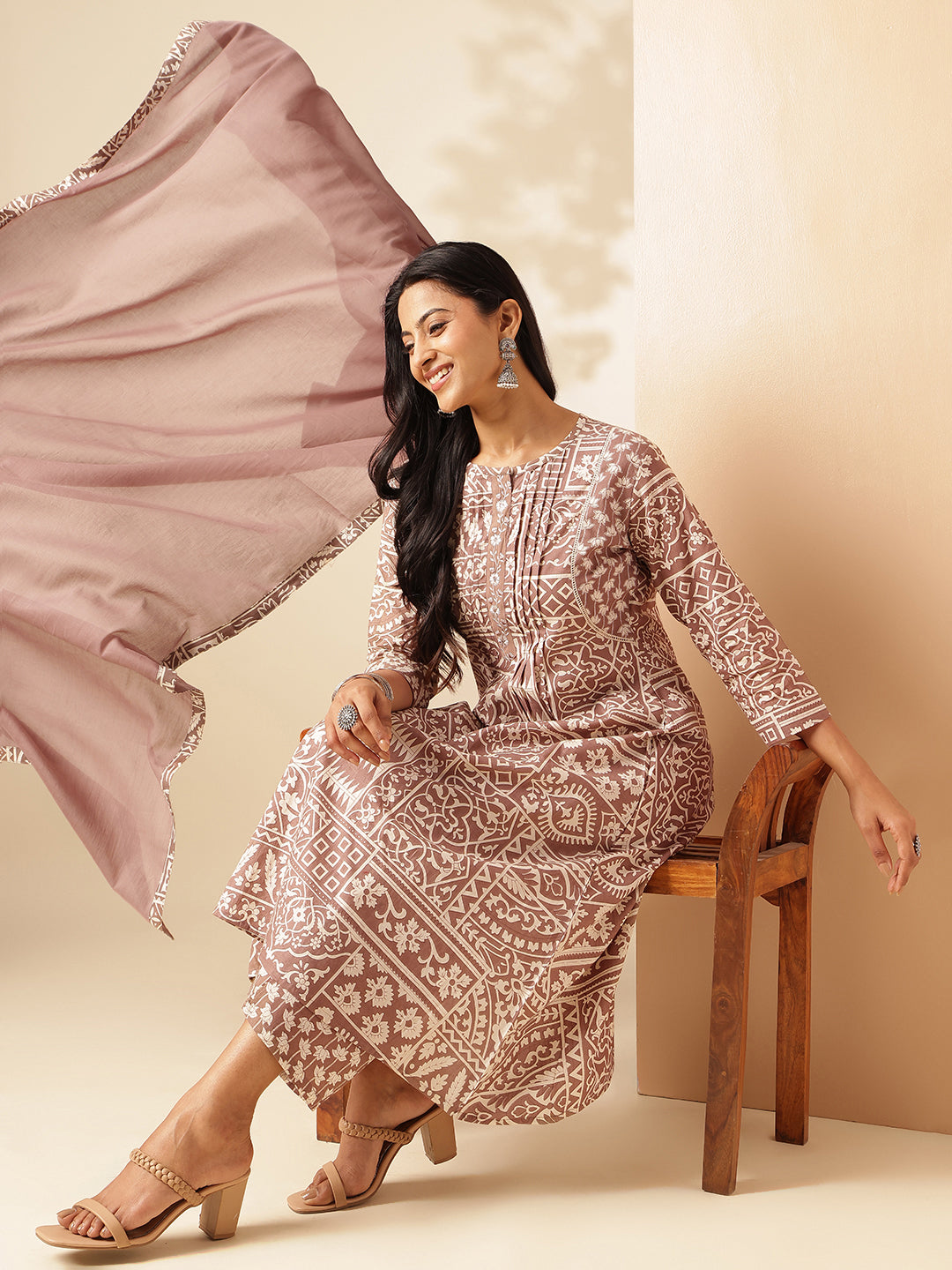 Beige Cotton Geometric Print A-Line Kurta Set