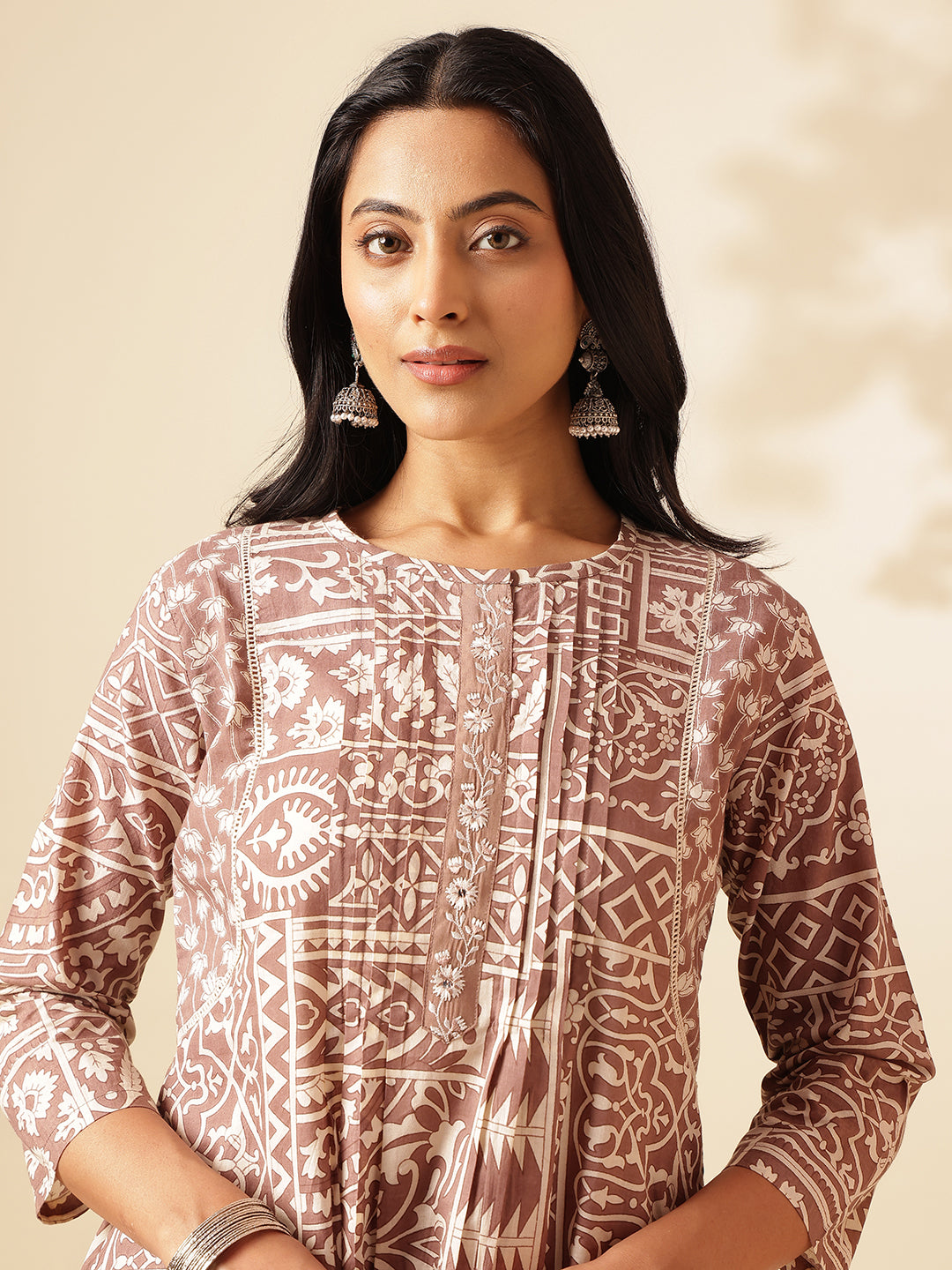 Beige Cotton Geometric Print A-Line Kurta Set