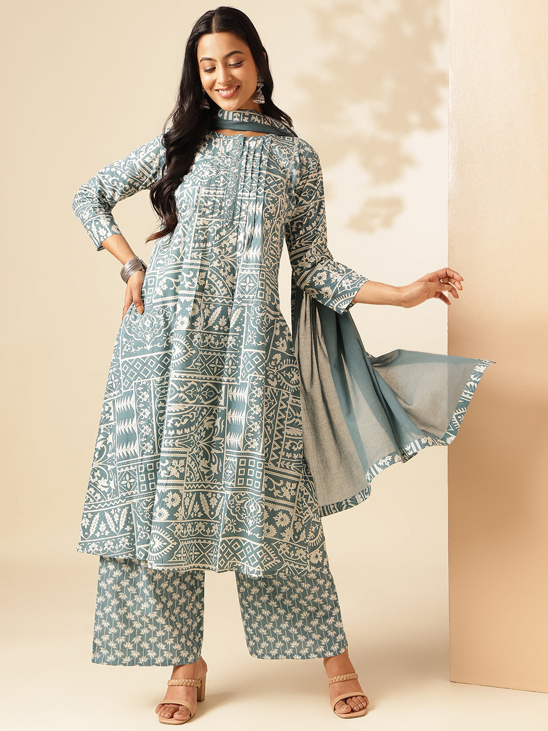 Aqua Cotton Geometric Print A-Line Kurta Set
