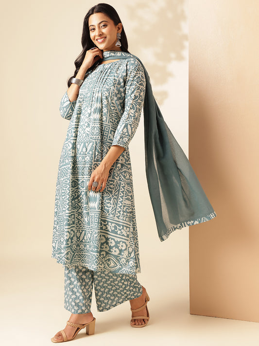 Aqua Cotton Geometric Print A-Line Kurta Set