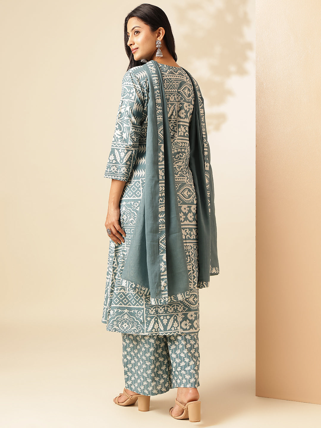 Aqua Cotton Geometric Print A-Line Kurta Set