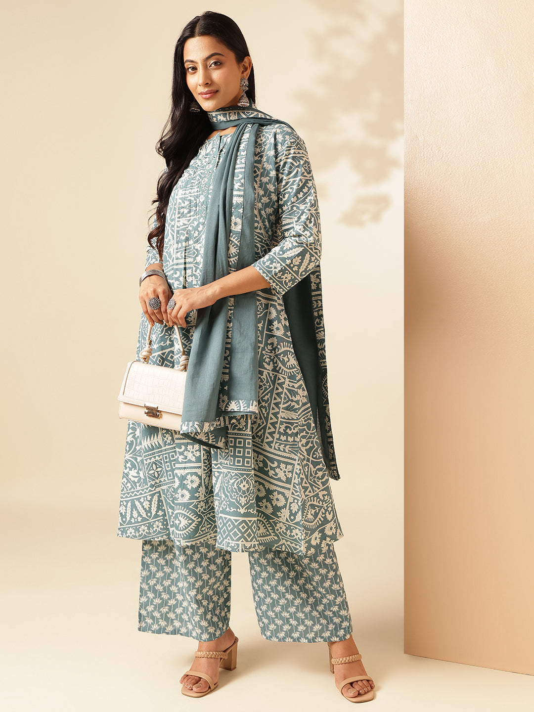 Aqua Cotton Geometric Print A-Line Kurta Set
