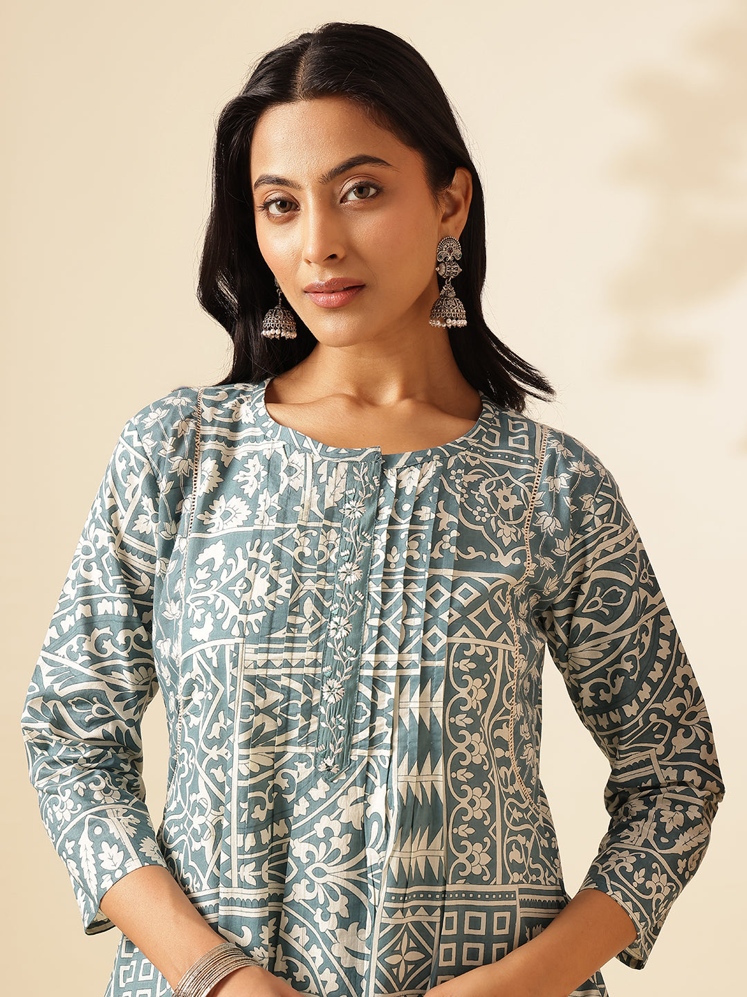 Aqua Cotton Geometric Print A-Line Kurta Set