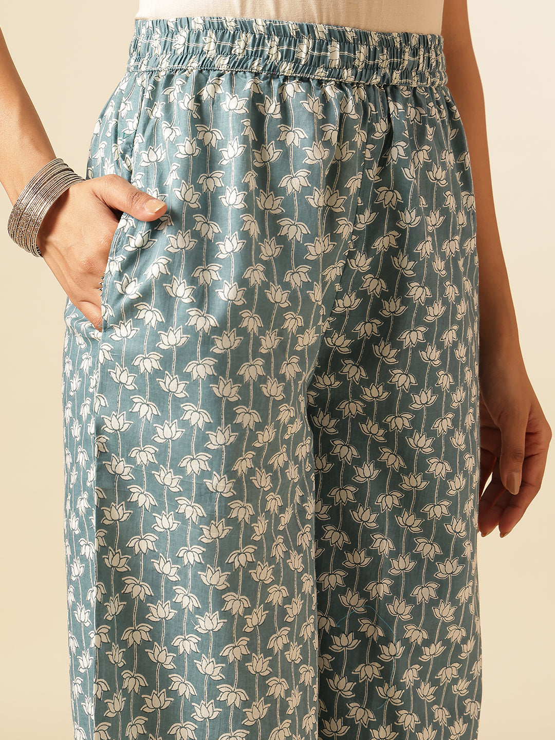Aqua Cotton Geometric Print A-Line Kurta Set
