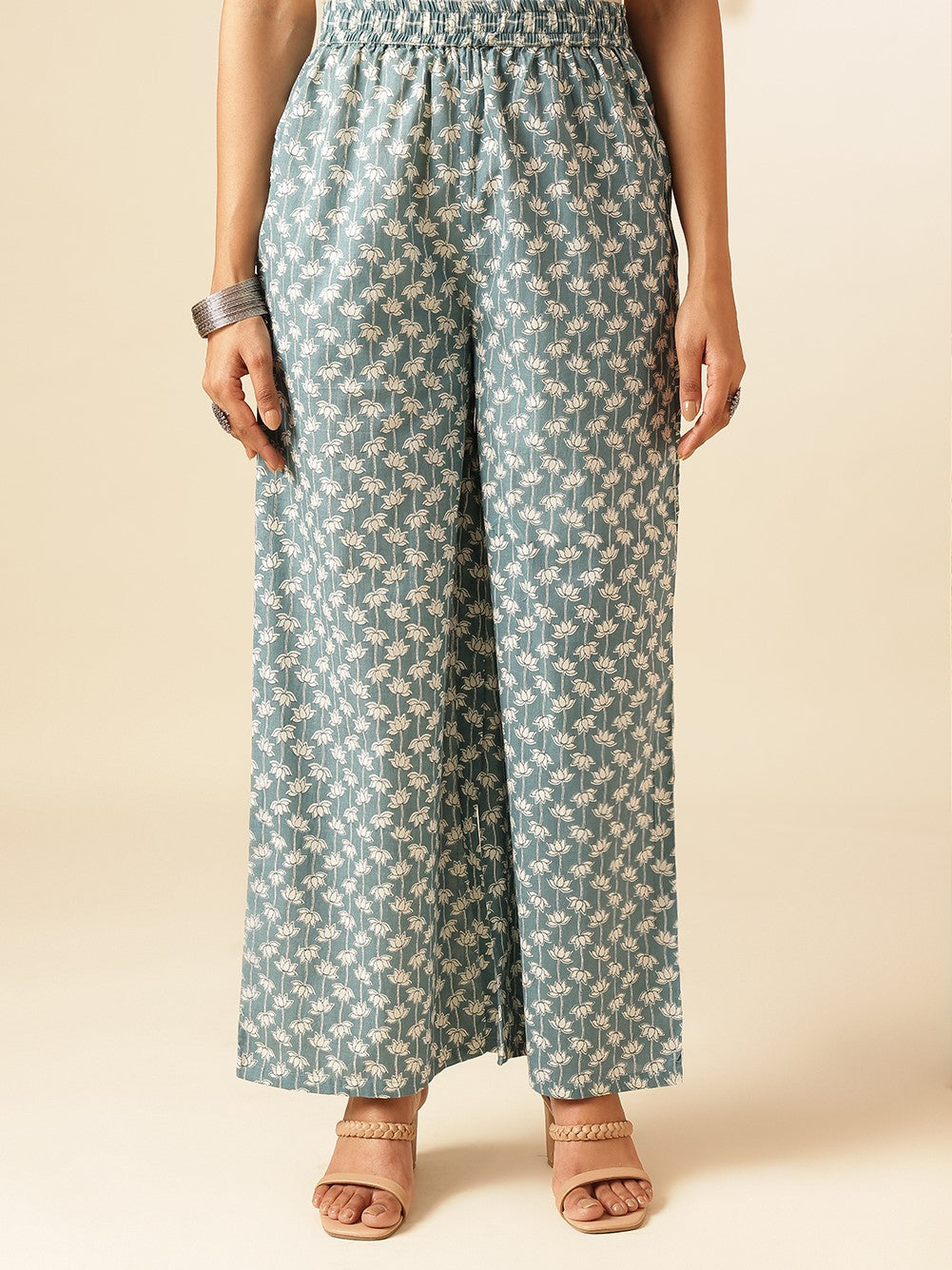 Aqua Cotton Geometric Print A-Line Kurta Set